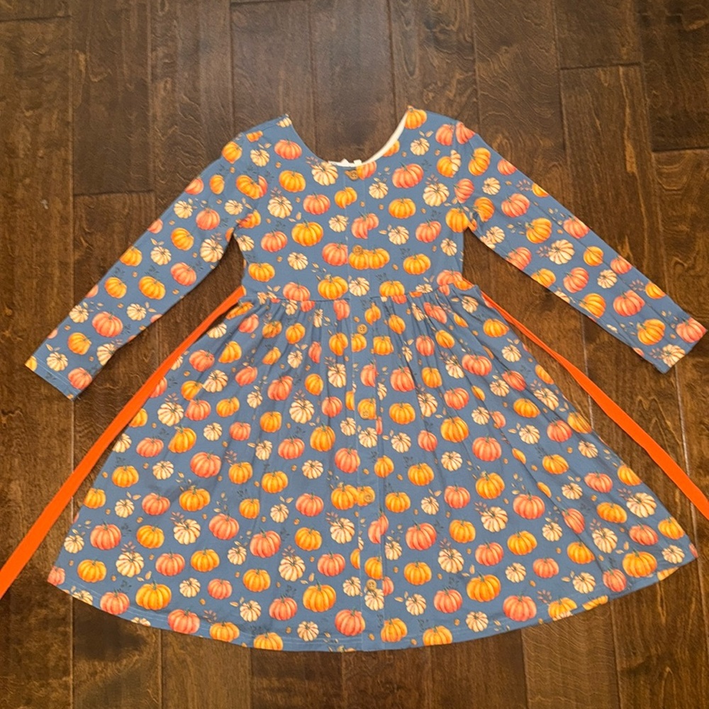 NWOT Little Magnolia Ella Dress - Autumn Pumpkins Vintage Blue - size 12